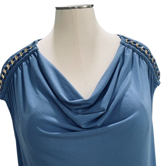 INC Blue Cowl Neck Cap Sleeve Top Plus SZ 3X Gold Chain Shoulder Embellished NWT - Picture 6 of 12